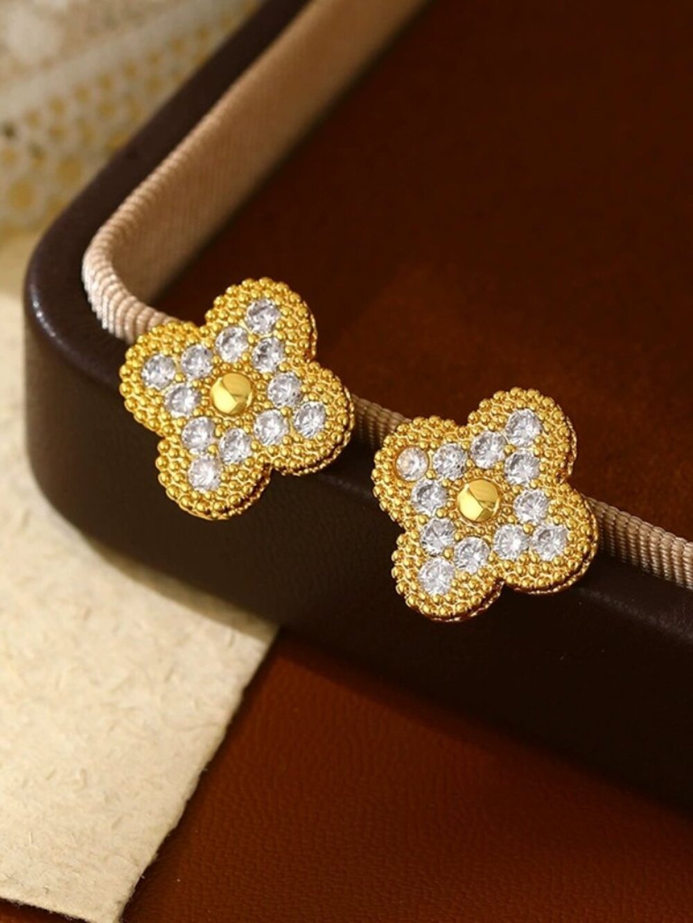 Gold-Tone Pavé Clover Stud Earrings